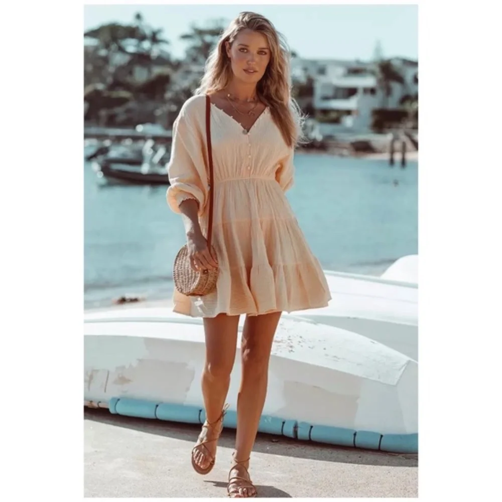 CLEARANCE Peach Tiered Ruffle Button Neck Mini Dress - Picture 3 of 5